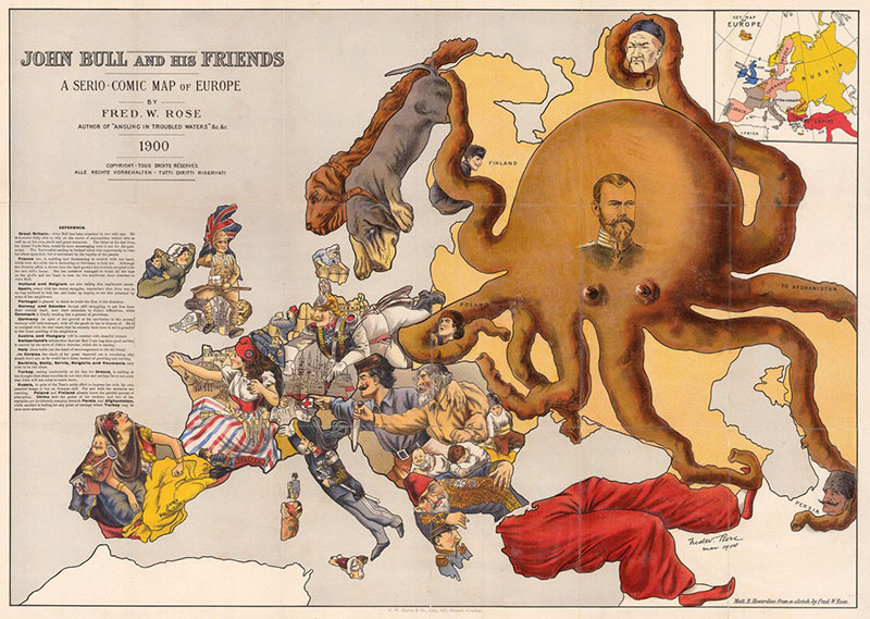 Карикатура 1900 года осьминог Россия и Европа